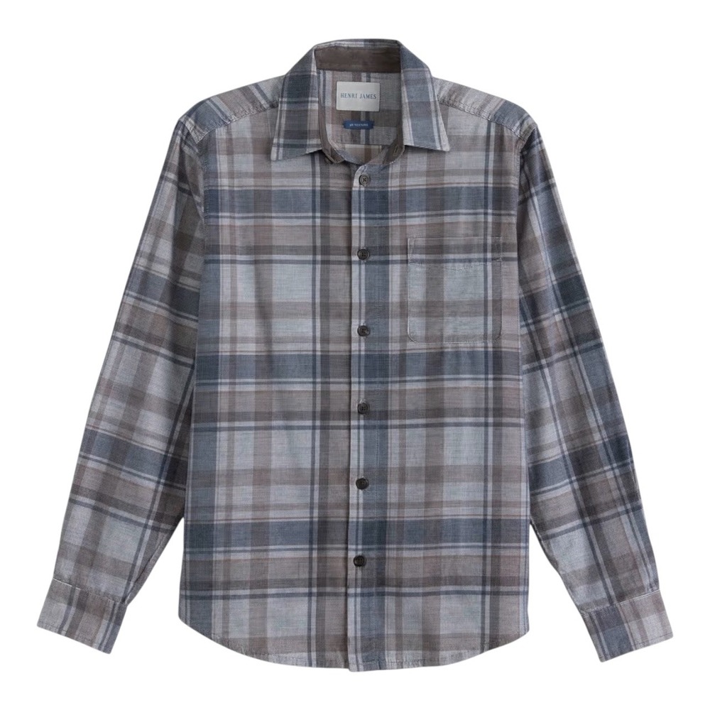 HENRI JAMES Dobby Corduroy Plaid Button Down Shirt - Grey - Large - NWT